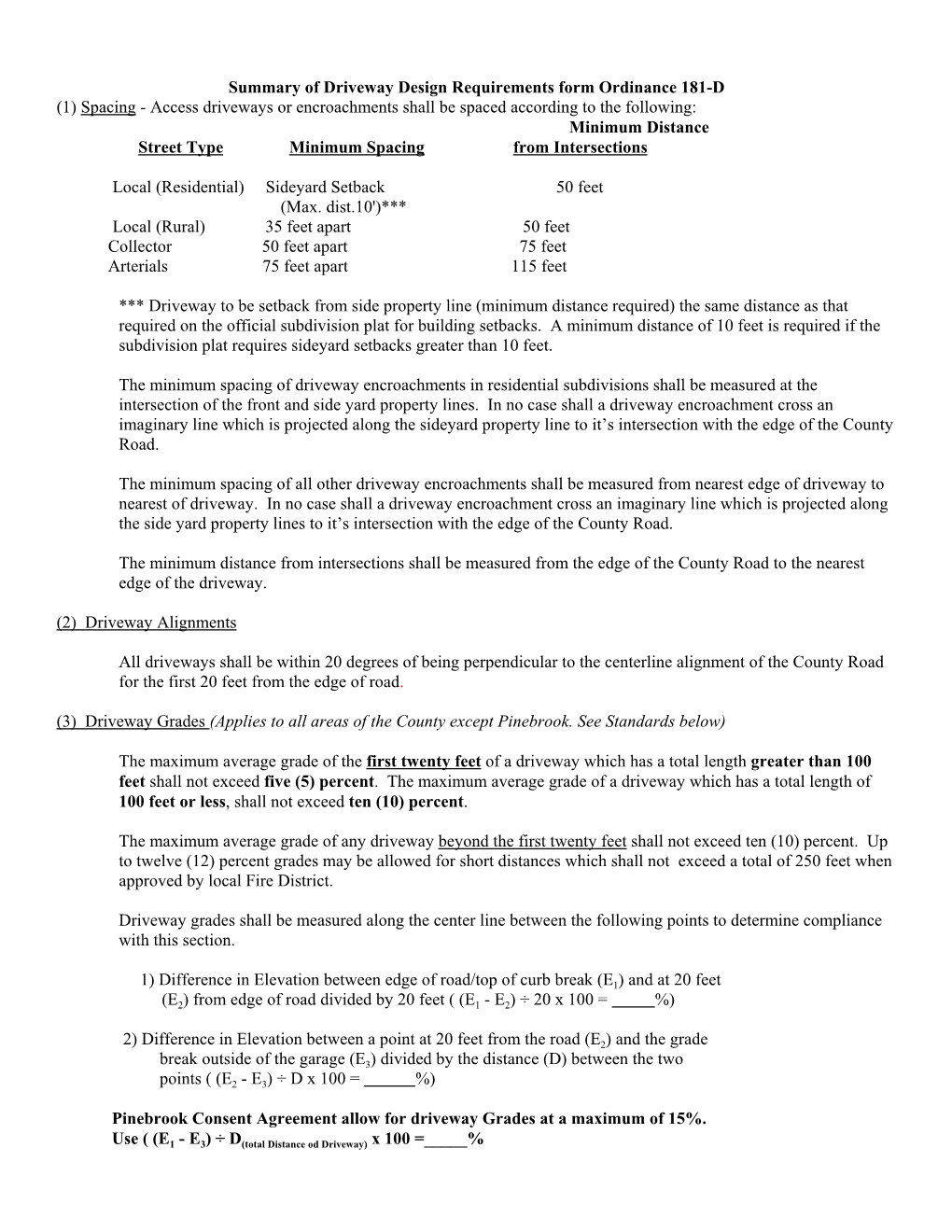 Summary of Driveway Design Requirements Form Ordinance 181-D