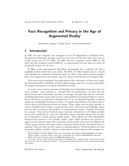 Face Recognition and Privacy in the Age of Augmented Reality