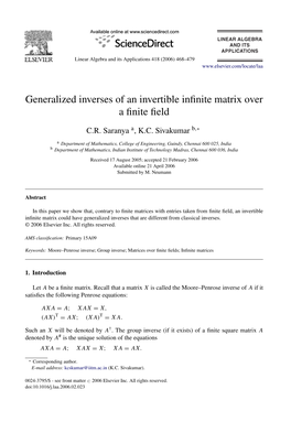 Generalized Inverses of an Invertible Infinite Matrix Over a Finite