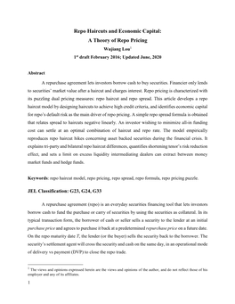 Repo Haircuts and Economic Capital: a Theory of Repo Pricing Wujiang Lou1 1St Draft February 2016; Updated June, 2020