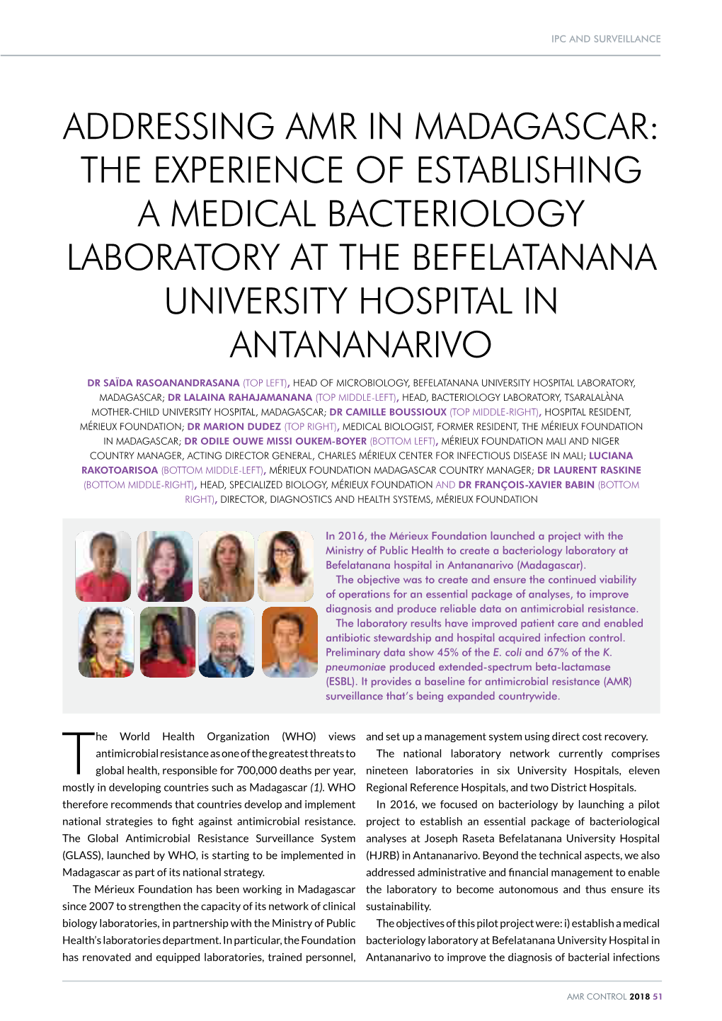 Addressing Amr in Madagascar: the Experience of Establishing a Medical Bacteriology Laboratory at the Befelatanana University Hospital in Antananarivo