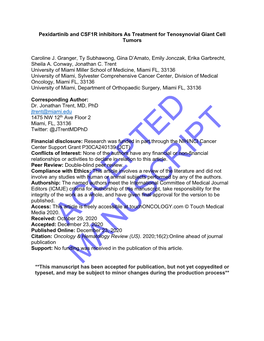 Pexidartinib and CSF1R Inhibitors As Treatment for Tenosynovial Giant Cell Tumors