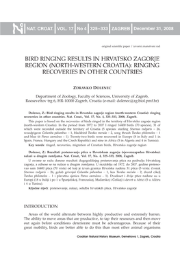 Bird Ringing Results in Hrvatsko Zagorje Region (North-Western Croatia): Ringing Recoveries in Other Countries