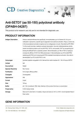 Anti-SETD7 (Aa 50-150) Polyclonal Antibody (DPABH-04287) This Product Is for Research Use Only and Is Not Intended for Diagnostic Use