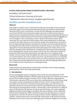 Lesson Study Partnerships in Initial Teacher Education Fay Baldry* and Colin Foster** *School of Education, University of Leic