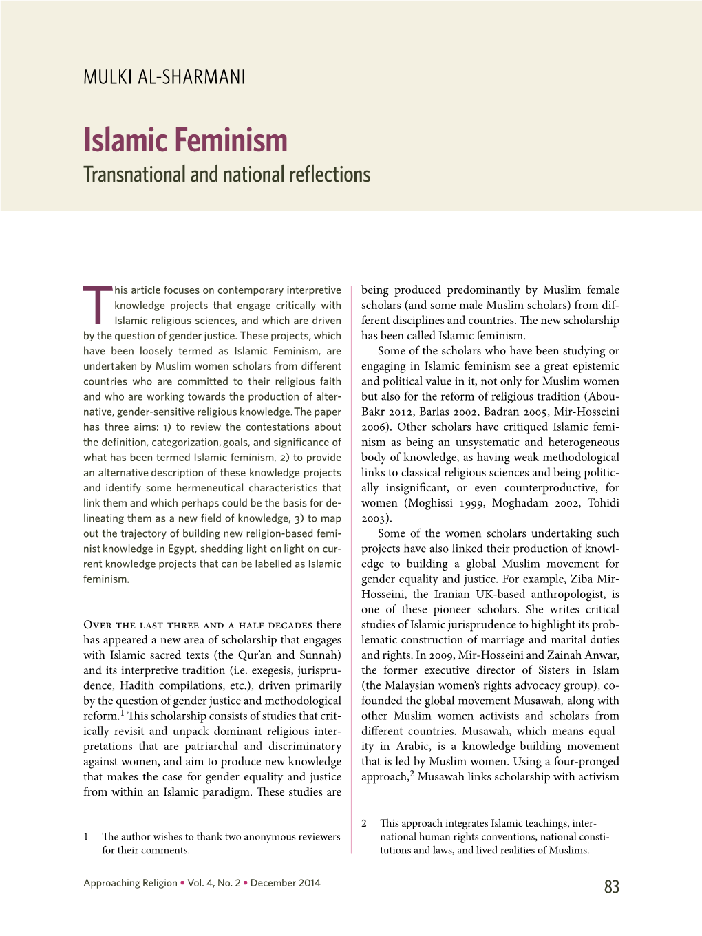 Islamic Feminism Transnational and National Reflections