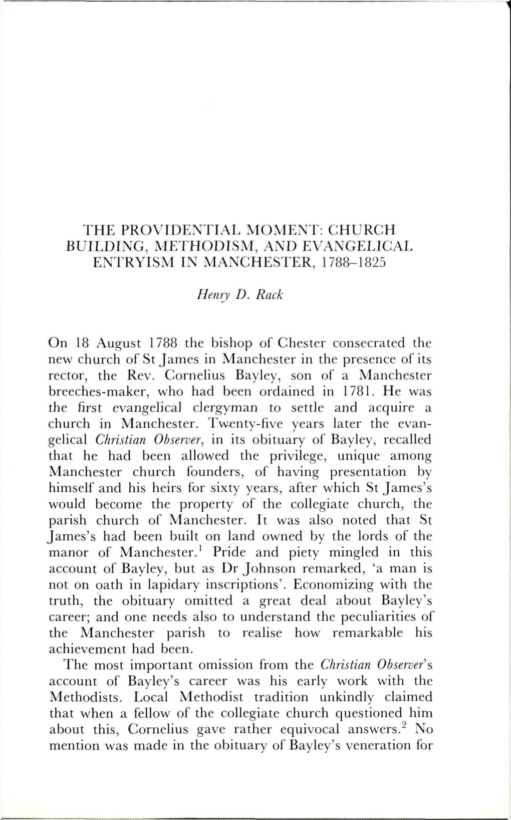 The Providential Moment: Church Building, Methodism, and Evangelical Entryism in Manchester, 1788-1825