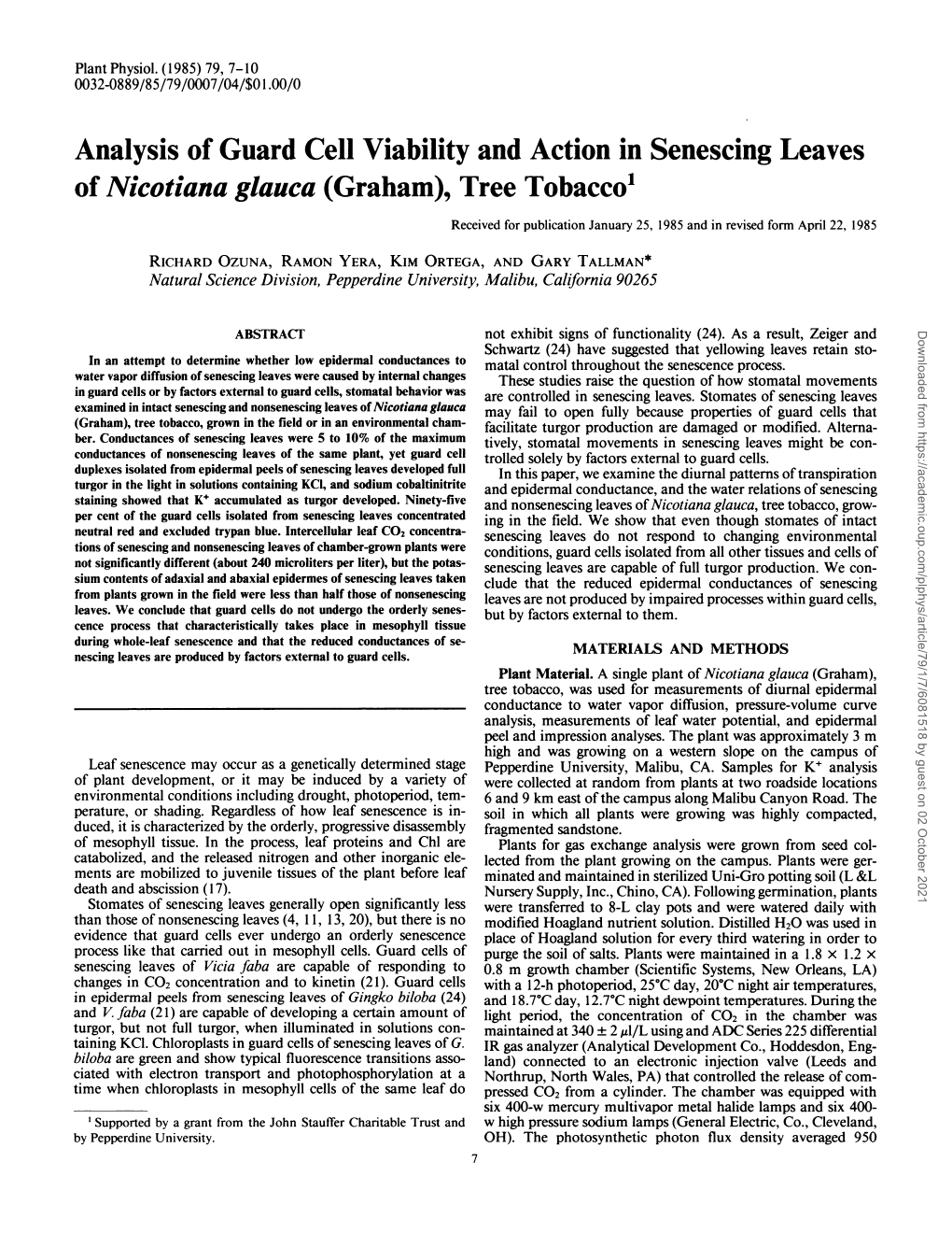 Analysis of Guard Cell Viability and Action in Senescing Leaves