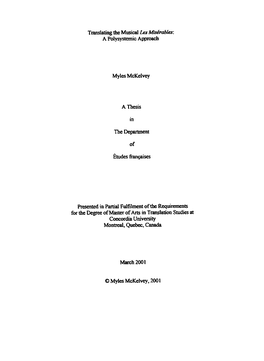 A Thesis in the Department of Études Fiançaises Presented in Partial