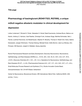 Pharmacology of Basimglurant (RO4917523, RG7090), a Unique Mglu5 Negative Allosteric Modulator in Clinical Development for Depression