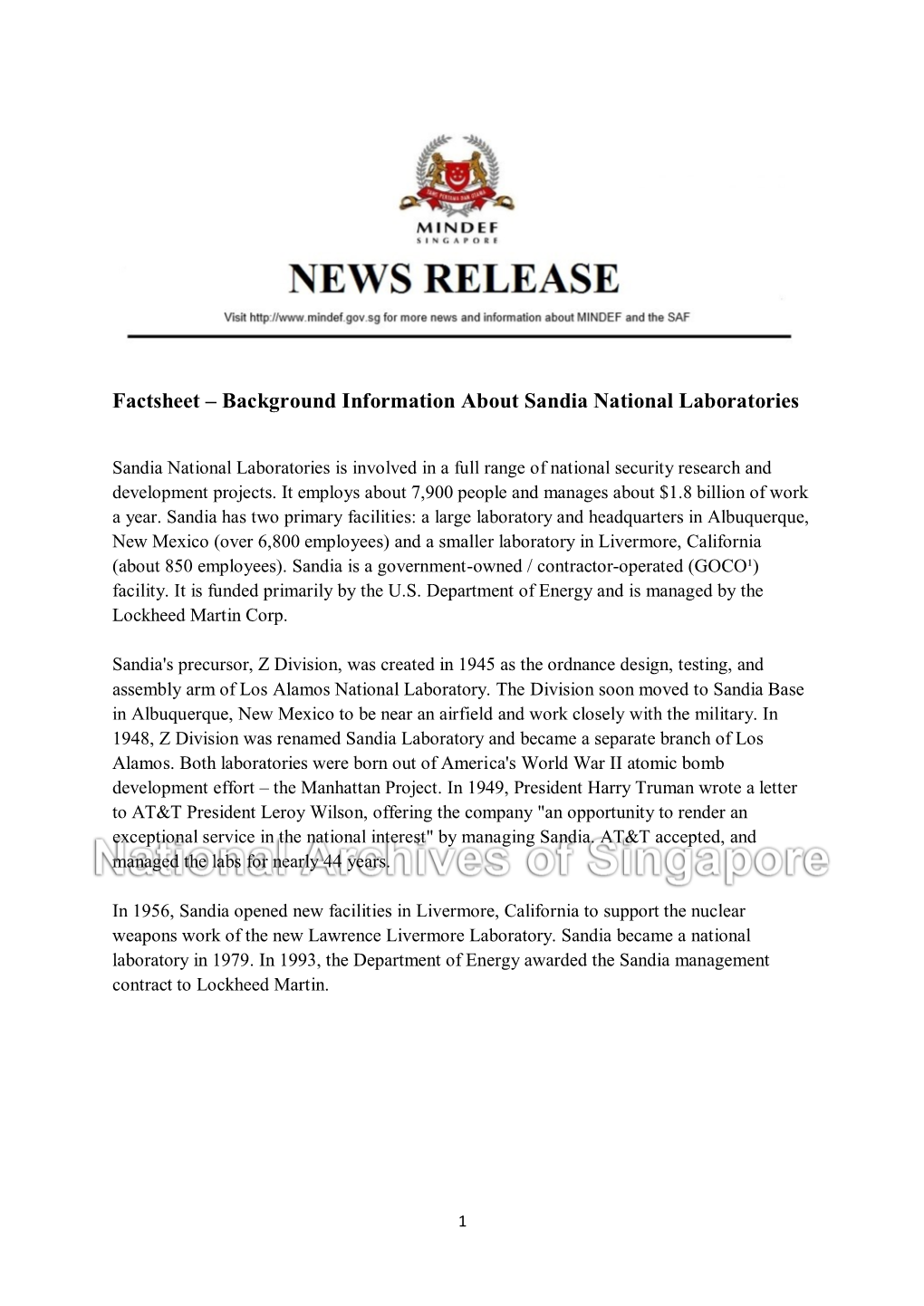 Factsheet – Background Information About Sandia National Laboratories