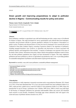 Green Growth and Improving Preparedness to Adapt to Pollinator Decline in Nigeria – Communicating Results for Policy and Action