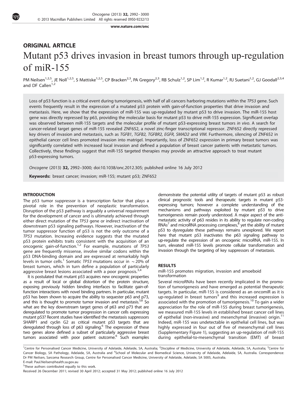 Mutant P53 Drives Invasion in Breast Tumors Through Up-Regulation of Mir-155