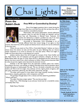 Chai Lights September 13 Volume 14 Issue 306 Elul/Tishri 5775/5776 September 2015