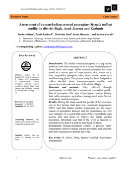 Assessment of Human-Indian Crested Porcupine (Hystrix Indica) Conflict in District Bagh, Azad Jammu and Kashmir