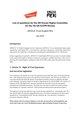 ARTICLE 19 EPEN List of Issues UK 7Th Review