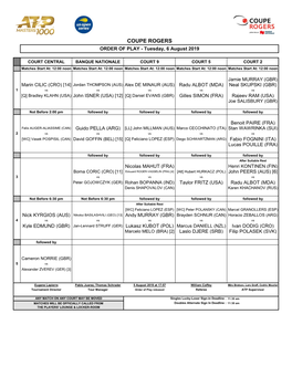 COUPE ROGERS ORDER of PLAY - Tuesday, 6 August 2019