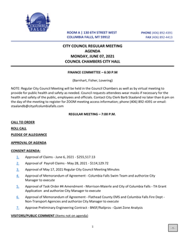 City Council Regular Meeting Agenda Monday, June 07, 2021 Council Chambers City Hall