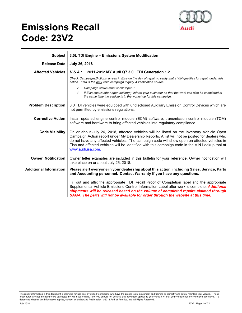 Emissions Recall Code: 23V2