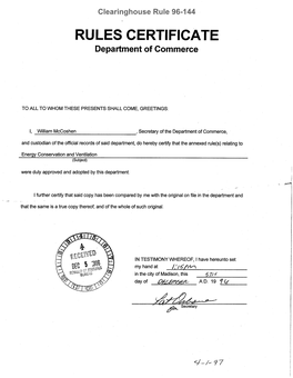 RULES CERTIFICATE Department of Commerce