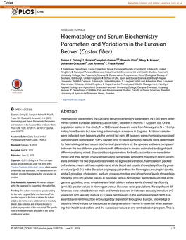 Haematology and Serum Biochemistry Parameters and Variations in the Eurasian Beaver (Castor Fiber)