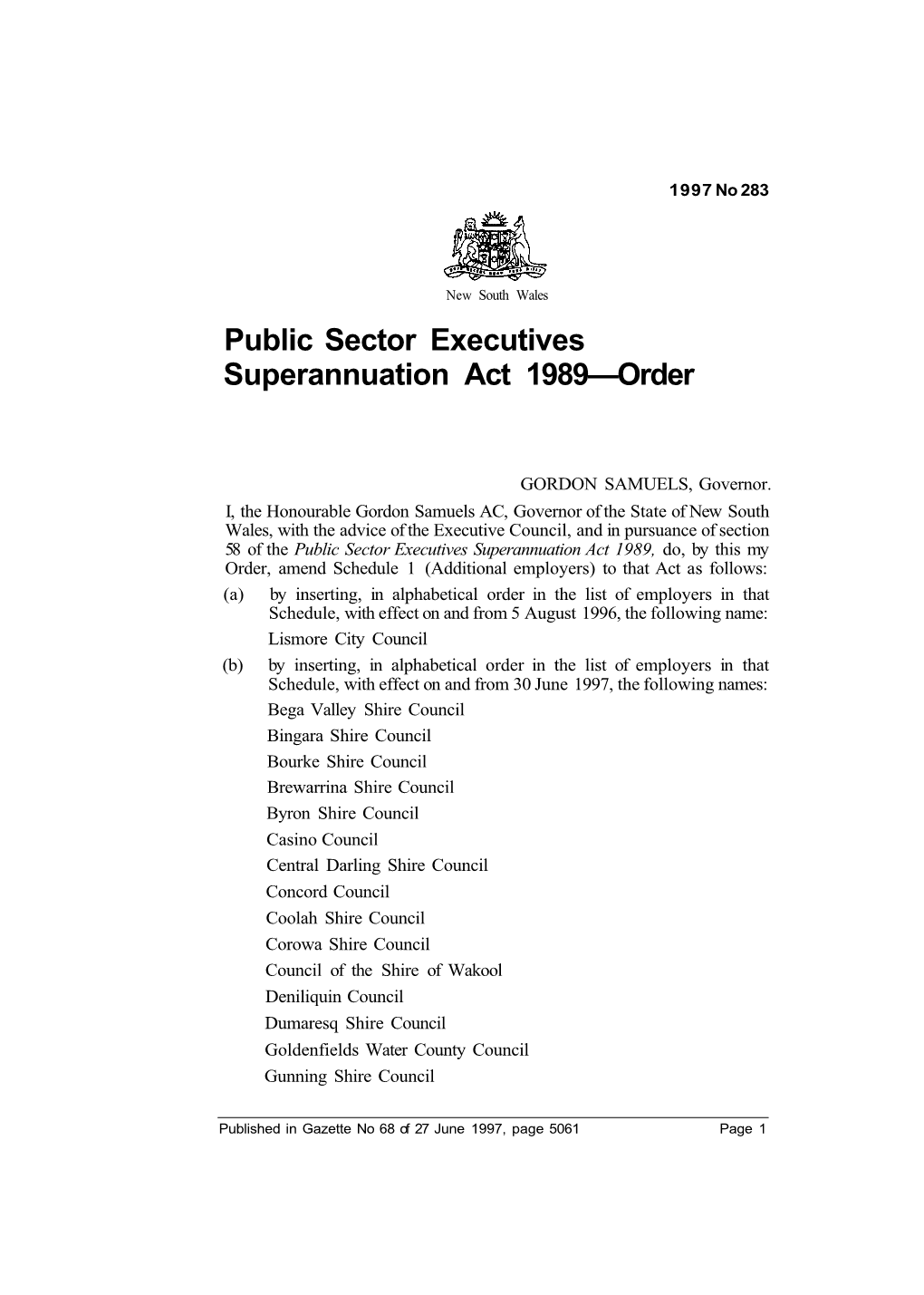 Public Sector Executives Superannuation Act 1989—Order