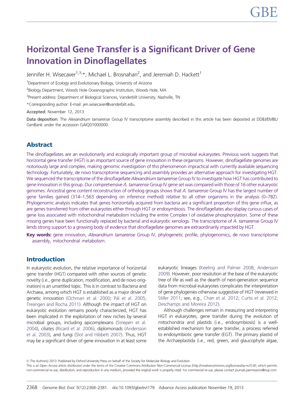 Horizontal Gene Transfer Is a Significant Driver of Gene Innovation in Dinoflagellates