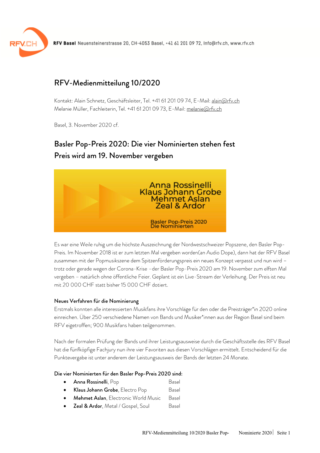 RFV Medienmitteilung 10 Basler Pop-Preis 2020 Nominierte