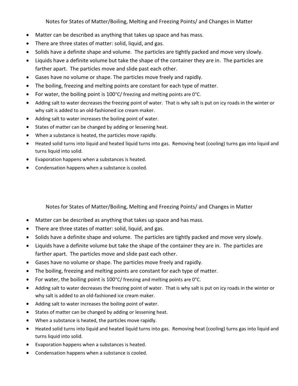 Notes for States of Matter/Boiling, Melting and Freezing Points/ and Changes in Matter