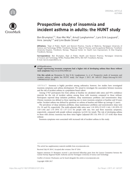 Prospective Study of Insomnia and Incident Asthma in Adults: the HUNT Study