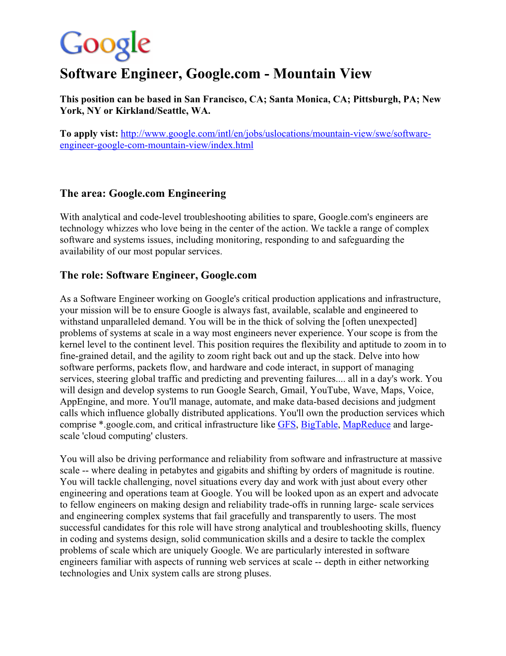 Software Engineer, Google.Com - Mountain View