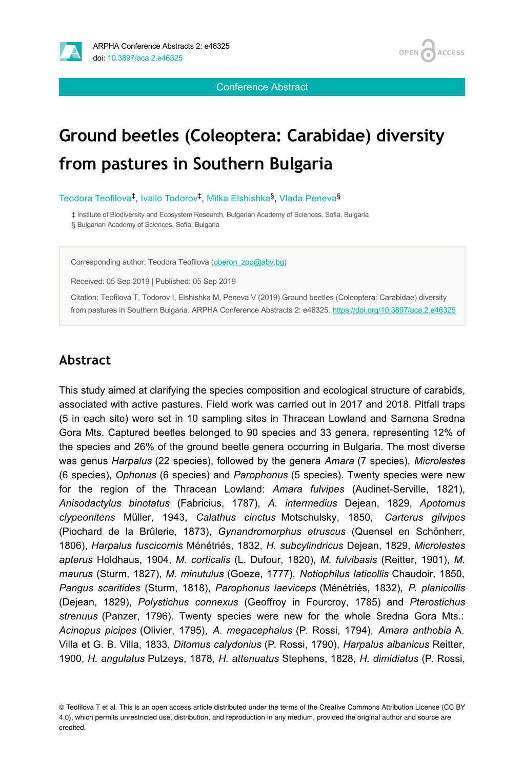 Ground Beetles (Coleoptera: Carabidae) Diversity from Pastures in Southern Bulgaria