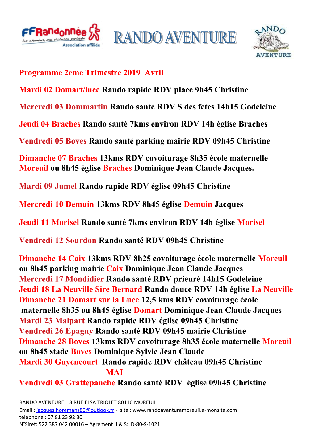 Programme 2Eme Trimestre 2019 Avril Mardi 02 Domart/Luce Rando