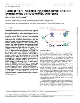 Pseudouridine-Mediated Translation Control of Mrna by Methionine Aminoacyl Trna Synthetase Ofri Levi and Yoav S