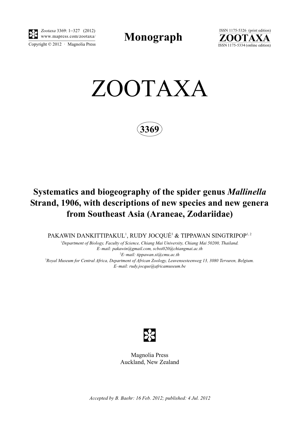 Systematics and Biogeography of the Spider Genus Mallinella Strand, 1906, with Descriptions of New Species and New Genera from Southeast Asia (Araneae, Zodariidae)