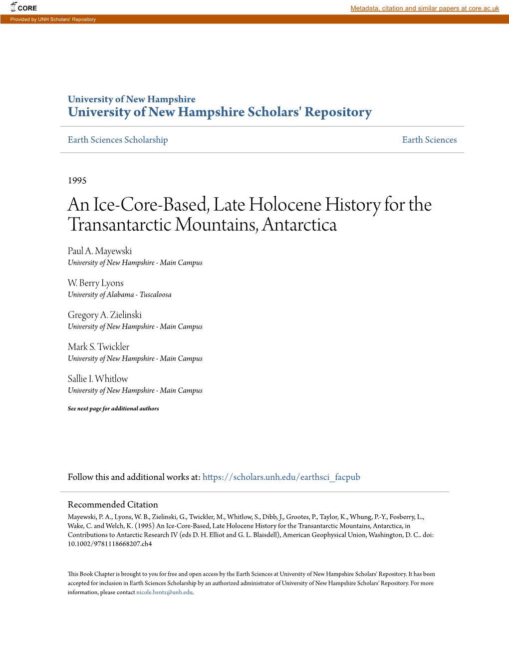 An Ice-Core-Based, Late Holocene History for the Transantarctic Mountains, Antarctica Paul A