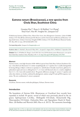 (Brassicaceae), a New Species from Chola Shan, Southwest China