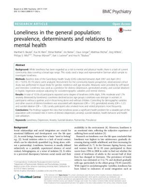 Loneliness in the General Population: Prevalence, Determinants and Relations to Mental Health Manfred E