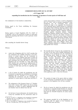 No 1037/2007 of 29 August 2007 Suspending the Introduction Into the Community of Specimens of Certain Species of Wild Fauna and Flora