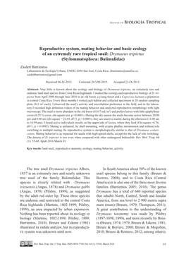 Reproductive System, Mating Behavior and Basic Ecology of an Extremely Rare Tropical Snail: Drymaeus Tripictus (Stylommatophora: Bulimulidae)