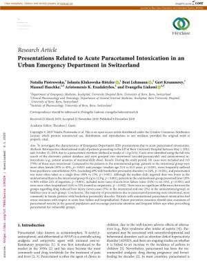 Research Article Presentations Related to Acute Paracetamol Intoxication in an Urban Emergency Department in Switzerland
