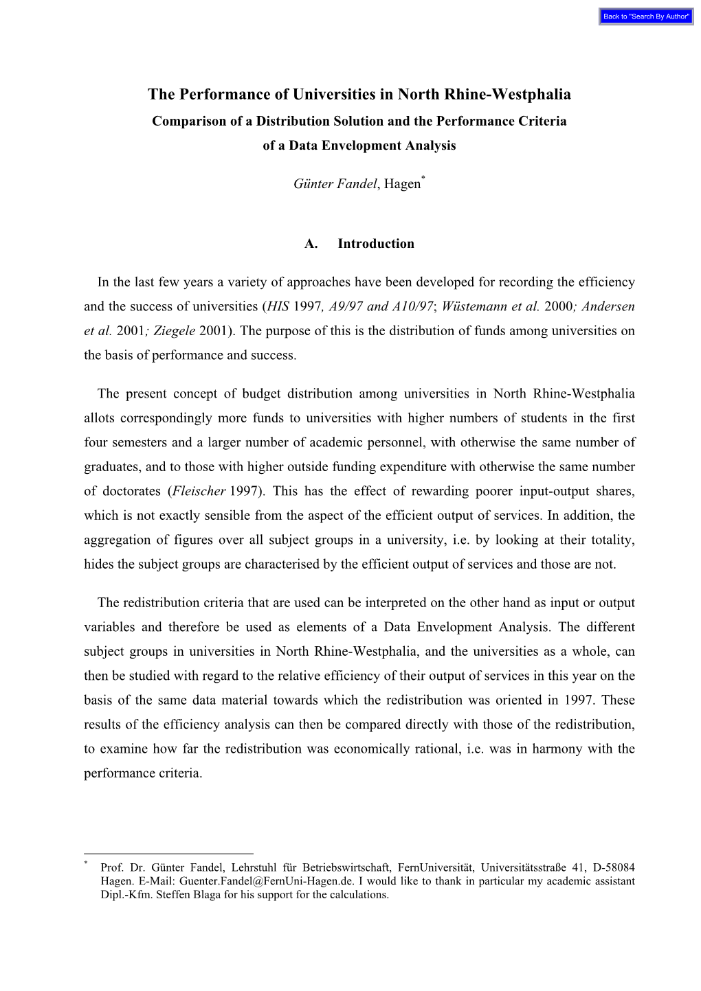 The Performance of Universities in North Rhine-Westphalia Comparison of a Distribution Solution and the Performance Criteria of a Data Envelopment Analysis