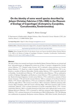 On the Identity of Some Weevil Species Described by Johann Christian Fabricius (1745–1808) in the Museum of Zoology of Cope