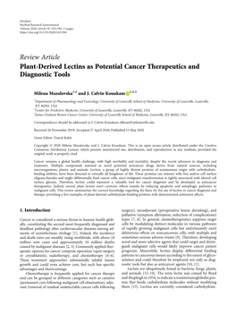 Review Article Plant-Derived Lectins As Potential Cancer Therapeutics and Diagnostic Tools