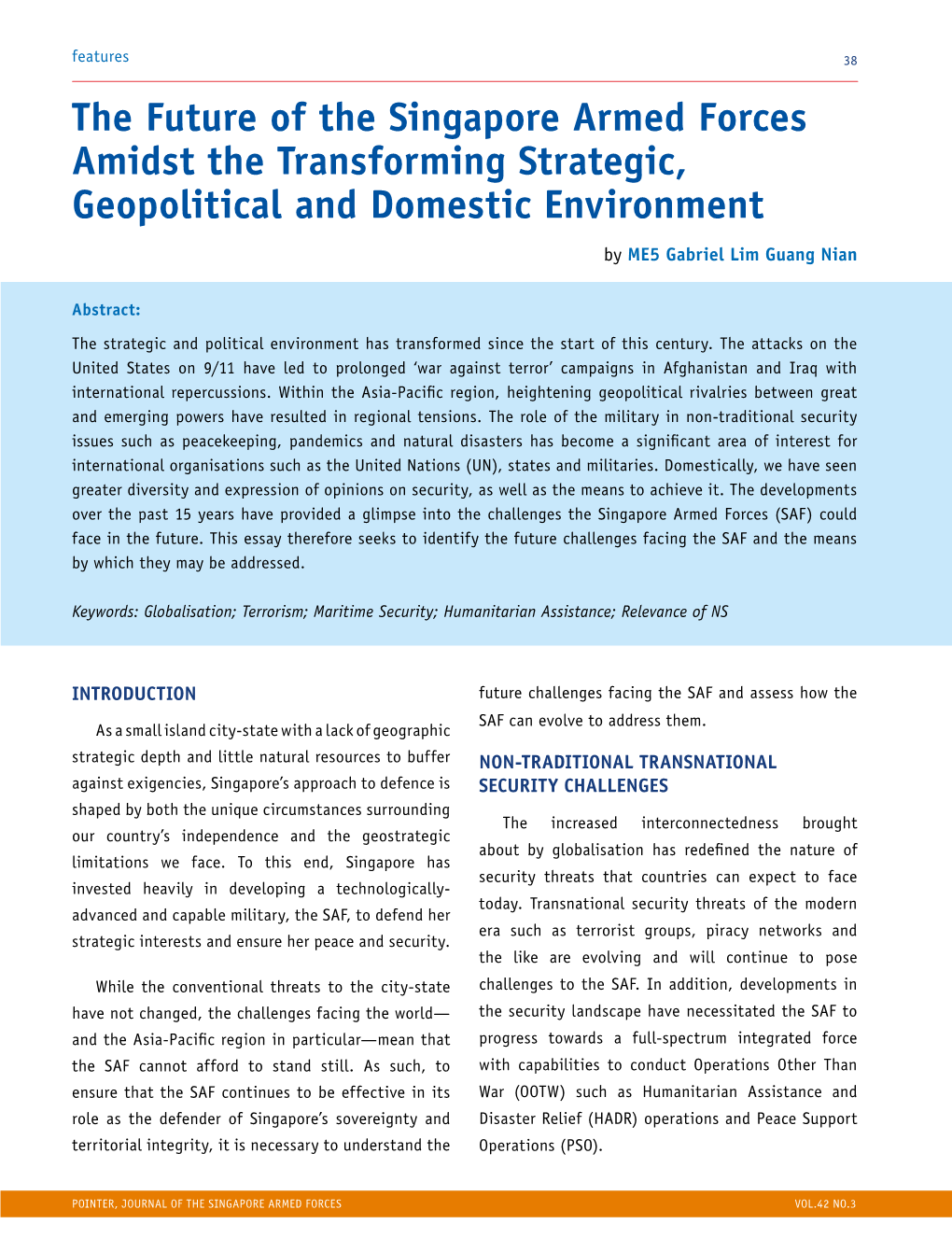 The Future of the Singapore Armed Forces Amidst the Transforming Strategic, Geopolitical and Domestic Environment by ME5 Gabriel Lim Guang Nian