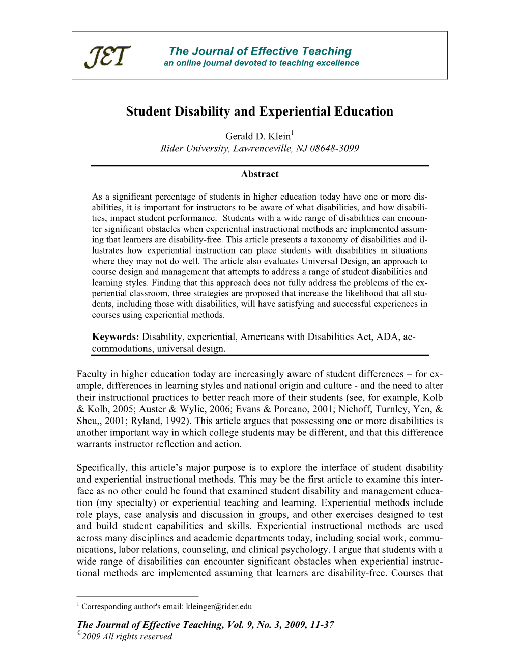 Student Disability and Experiential Education