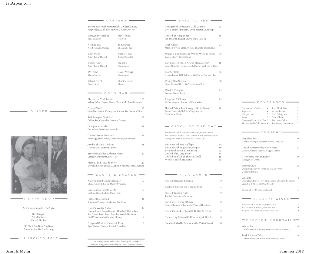 1263872379 Dinner Menu Clarks Oyster Bar Aspen S18.Pdf