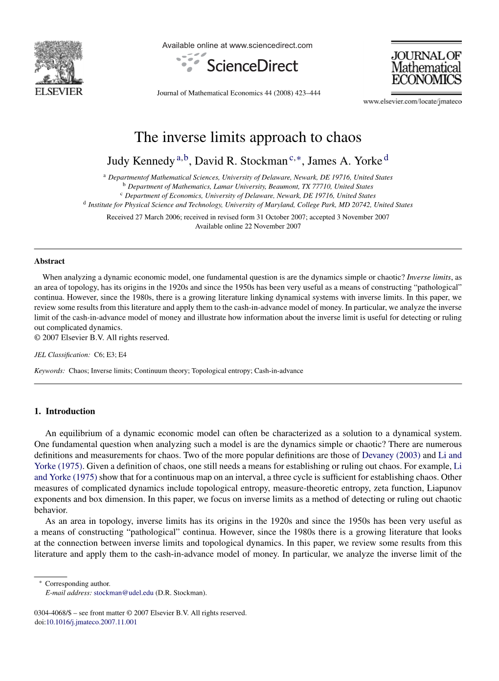 The Inverse Limits Approach to Chaos Judy Kennedy A,B, David R