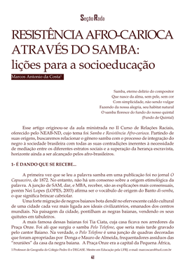 RESISTÊNCIA AFRO-CARIOCA ATRAVÉS DO SAMBA: Lições Para a Socioeducação Marcos Antonio Da Costa1