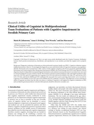 Clinical Utility of Cognistat in Multiprofessional Team Evaluations of Patients with Cognitive Impairment in Swedish Primary Care